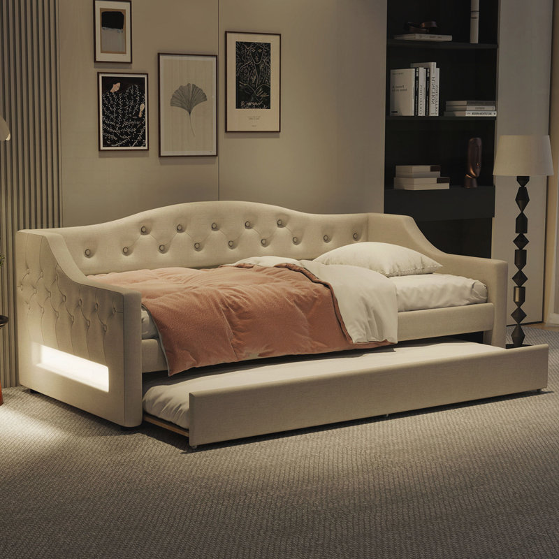 Lit de jour rembourré avec ceinture à DEL et couchette, Beige