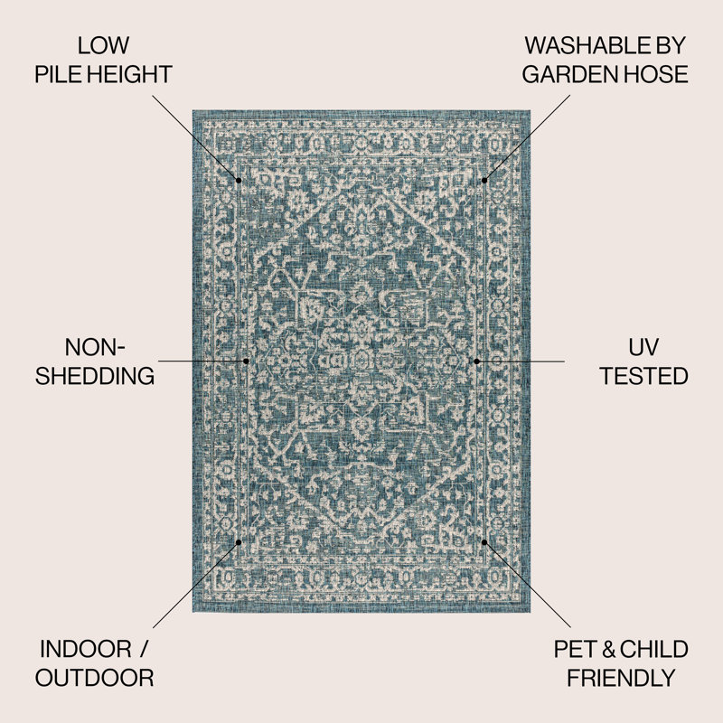 Massimo Bohemian Medallion Textured Weave Teal/Gray Indoor/Outdoor Rug, Rectangle 9' x 12'