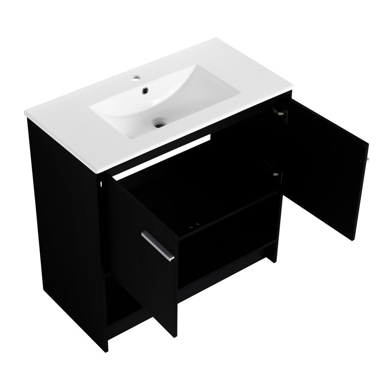 Meuble-lavabo 36 po avec lavabo en céramique, Chêne foncé, Argent argent