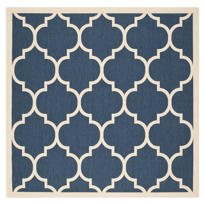 Navy and Beige Square Synthetic Outdoor Area Rug