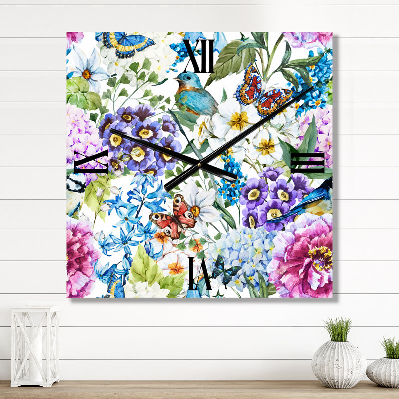 Horloge murale Vibrant Wild Spring Leaves and Wildflowers, Très grand