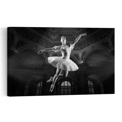 Affiche murale représentant une ballerine bondissante, de style classique, dramatique et élégant.