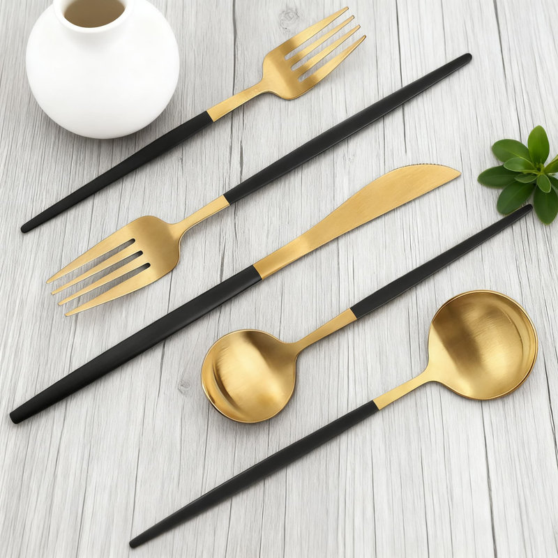 Ensemble de couverts 20 pièces en or noir mat, service de couverts en acier inoxydable pour 4 avec finition satinée, ensemble de couverts allant au lave-vaisselle pour la maison et le restaurant