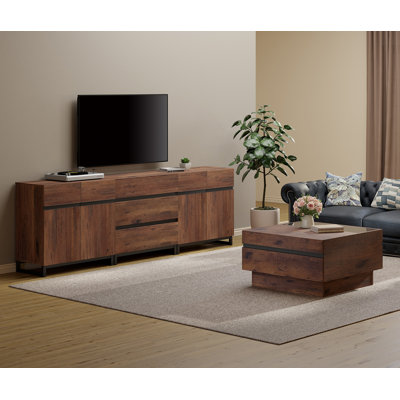 Aadam Modern TV Stand And Coffee Table Set Of 2, TV Stand For Tvs Up To 110 Inches, Entertainment Center With Metal Base, Square Coffee Table With Tempered Glass And Four Storage Drawers For Living Room