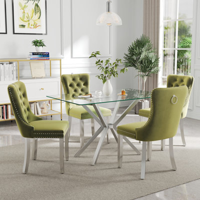 Ensemble de table de salle à manger rectangulaire moderne en verre trempé, table de salle à manger transparente avec chaise en velours