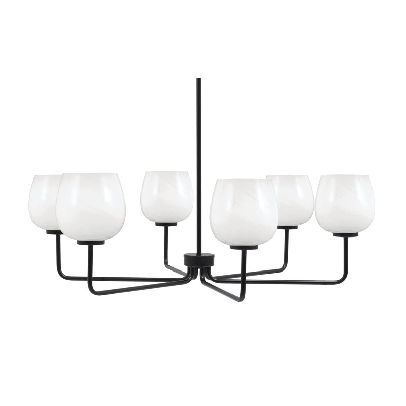 Lustre 6 lumières Amarmula, finition noir mat, verre de marbre blanc 6 po, Blanc, Noir