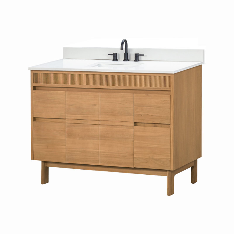 Passe-partout de 49 po Kayla Meuble-lavabo simple en teck naturel avec plateau en pierre reconstituée blanche