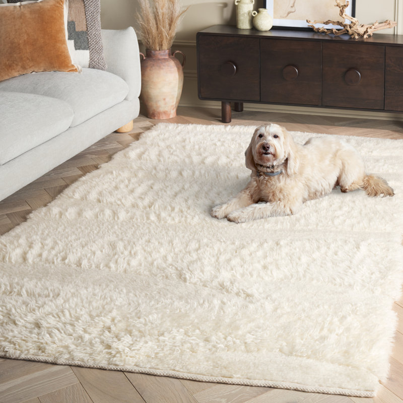 Ivory Hand-Tufted Wool Shag Area Rug with Fringe, 8' x 10'