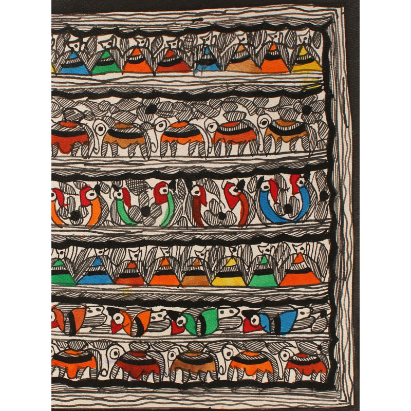 Éléphants, oiseaux et paons en un | Madhubani, peinture sur papier fait à la main