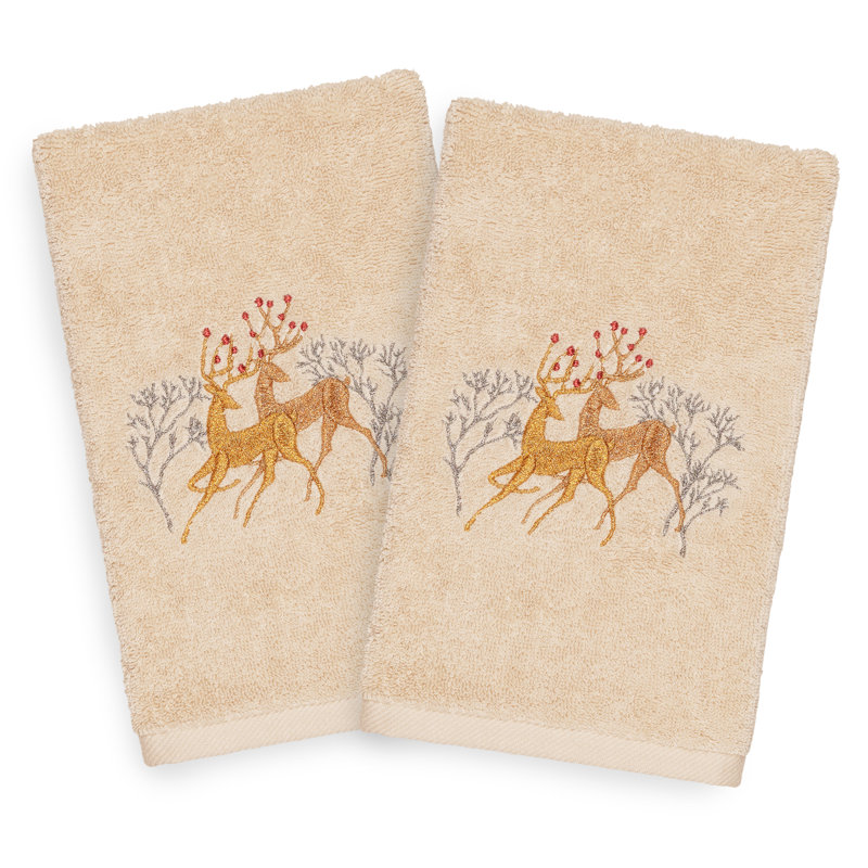 Christmas Deer Pair Embroidered Luxury Turkish Cotton Hand Towel, Sand