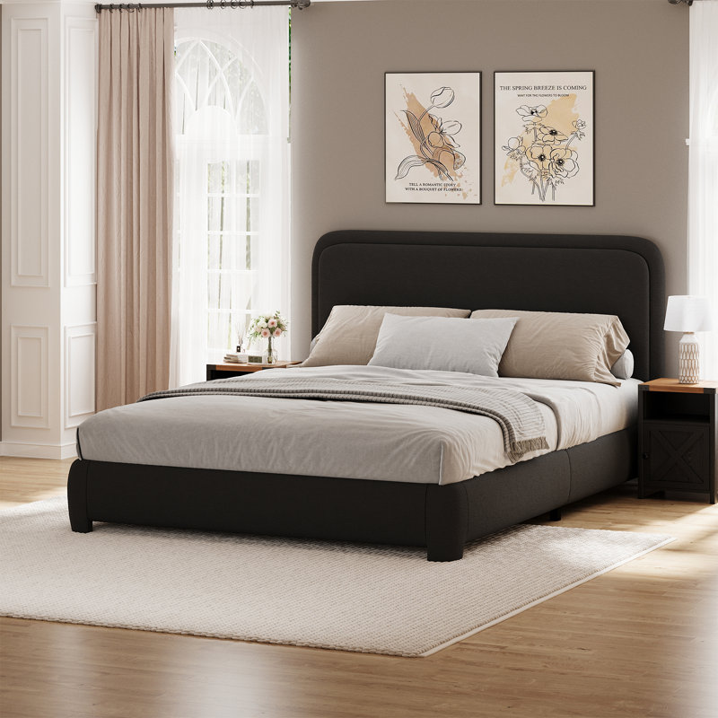 Bensu Boucle Upholstered Platform Bed，3-Piece Bedroom Sets, Queen, Black