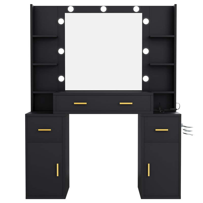 Vanity With Built-In Outlets And Lighted Mirror, Black