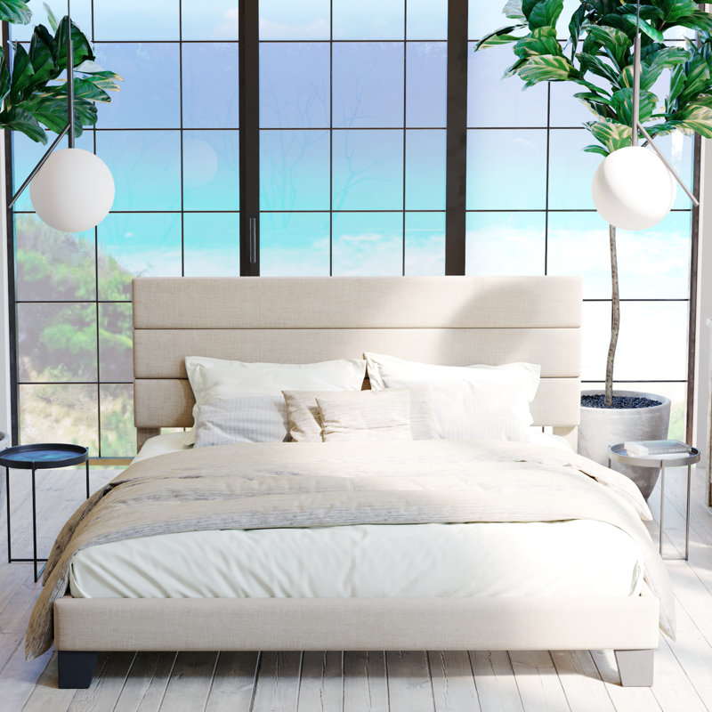 Elison Platform Bed with Fabric Upholstered Headboard and Wooden Slats, Queen, Beige