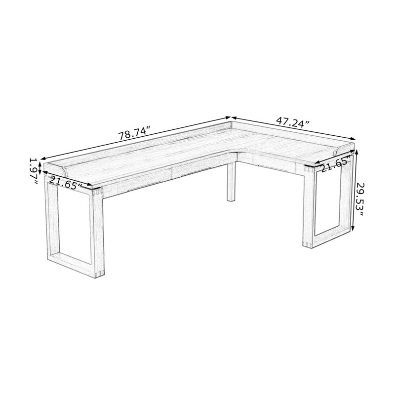 Bureau en bois massif en L noyer clair avec 3 tiroirs, Retour à droite, H 31,5 po x l 78,74 po x P 47,24 po