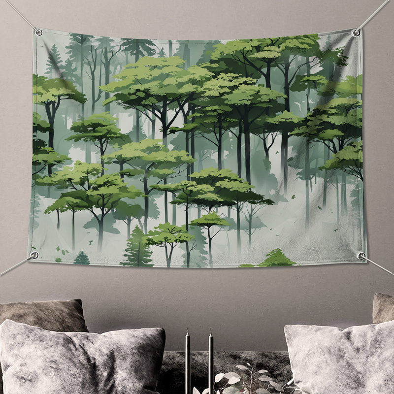 Tapisserie murale «Lush Green Forest Illustration» - Décoration murale arbres, 68 po H x 80 po L avec 4 œillets