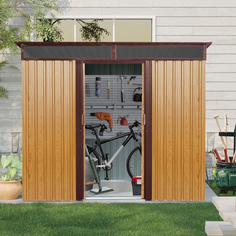 8 X 6 Ft Outdoor Metal Storage With Lockable Door  Coffee . Spacious Interior. Waterproof. Suitable For Garden, Lawn And Patio Equipment 8Ft 6Ft Shed Construction. -. Foundation Stability.