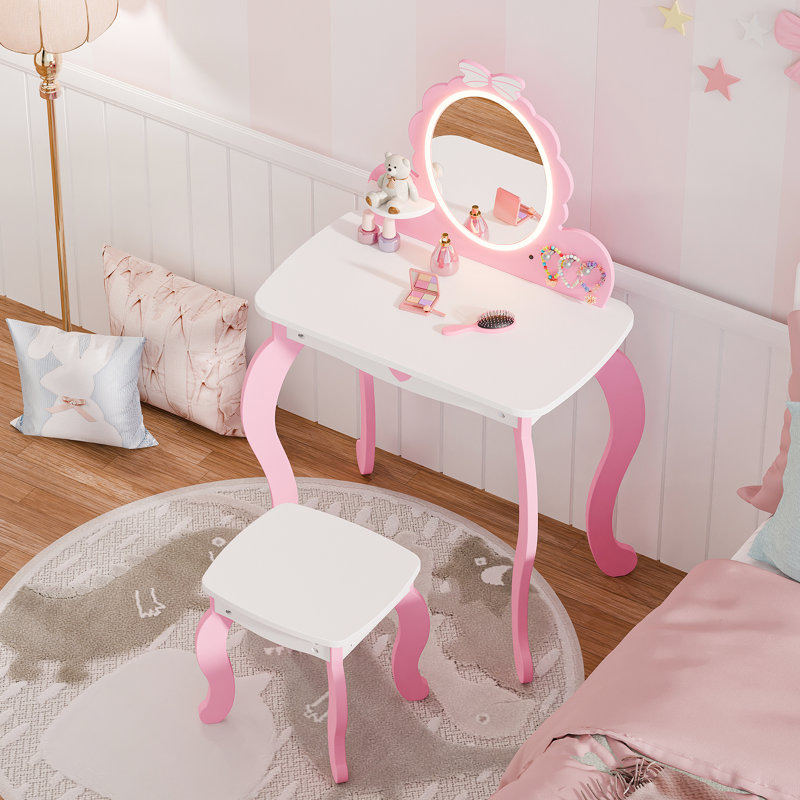 Ensemble de coiffeuse pour enfants avec miroir lumineux et tabouret, Rose
