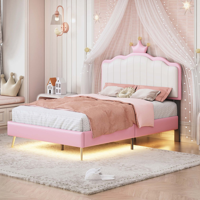 Lit plateforme tapissier avec bandes claires, Lit simple