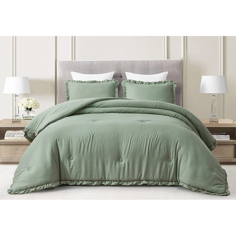Nora Washed Microfiber Ruffled Comforter Set, Oversized Queen Comforter + 2 Standard Shams, Sage