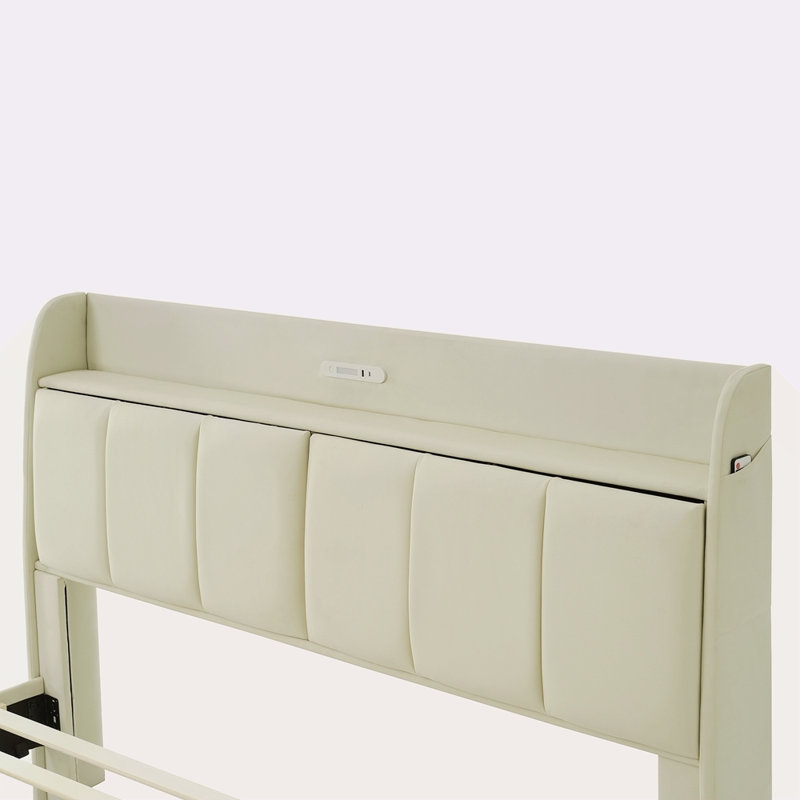 Structure de lit flottant pour grand lit avec tête de lit avec rangement, lit plateforme tapissier moderne avec veilleuse tactile et chargeur USB