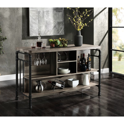 Antique Oak & Sandy Grey Kitchen Island With 5 Shelves, Featuring Plentiful Storage For Glasses And Bottles, Tabletop Stable Metal Legs Dining 5-Shelf Kitchen, Generous Tabletop, Room