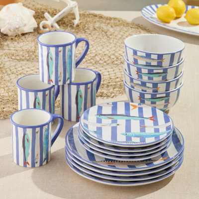 Something Fishy 16-Piece Ceramic Dinnerware Set, Coastal Blue Striped Plates, Mugs and Bowls with Artist-Designed Fish Artwork for Beach House Dining and Entertaining