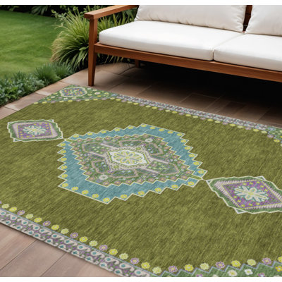 Tapis extérieur lavable oriental vert olive et ivoire 10 pi x 14 pi