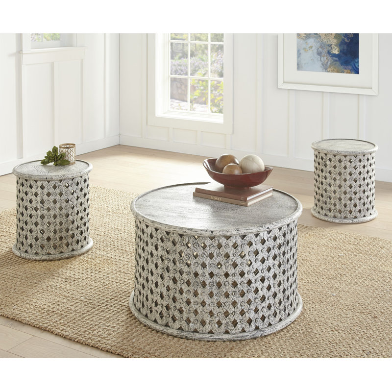 Samir - Table de bout ronde en bois sculpté tribal - Blanc
