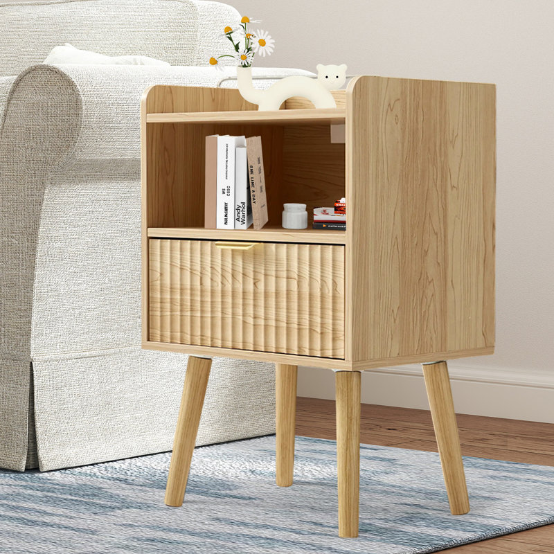 Set of 2 Fluted Nightstands with Charging Station - 16" Modern Bedside Tables with Drawer and Storage, Mid-Century Style with Curved Profile,Natural Oak