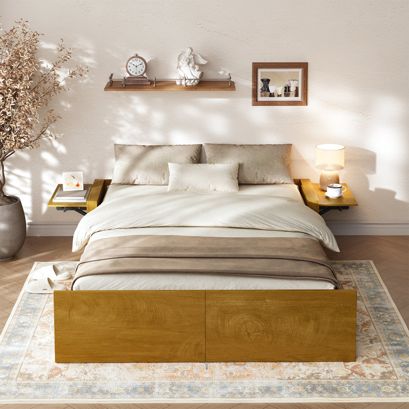 Murphy Bed with 2" Mattress and Nightstands Included, Sofa and Storage Bench Murphy Bed, 3-in-1 Convertible Bed Frame with Charging Port and Nightlight, Chestnut Fir