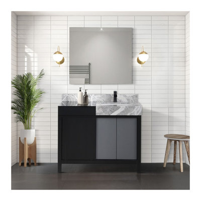Ensemble de meuble-lavabo noir et gris l 36 po x P 22 po, comptoir en marbre gris château et robinet noir mat