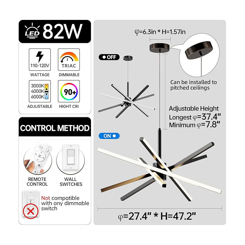 Modern 31.5" Sputnik LED Chandelier 82W Dimmable Pendant Light with Remote Control for Dining Room, Living Room, Kitchen, and Bedroom Ceiling Fixture