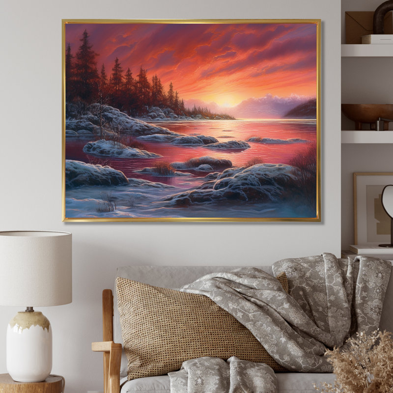 «Pink Hue Lake» sur impression sur toile, H 12 po x l 20 po x P 1 po, Cadre flottant doré