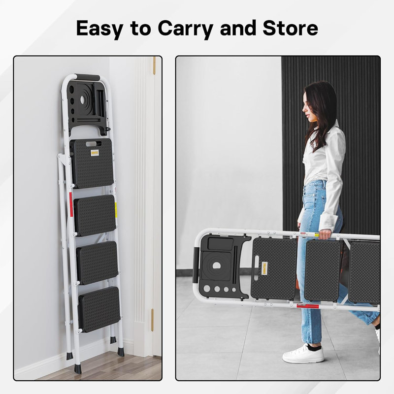 Black and White Steel Folding 4-Step Ladder with Tool Platform