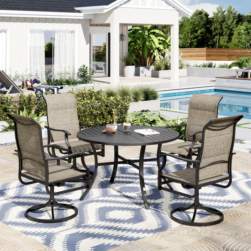 5pcs Rectangle Outdoor Patio Dining Set Heavy Duty Round Metal Table With Sling Chairs