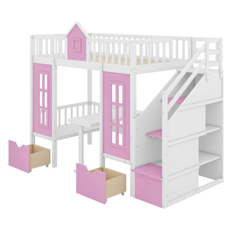 Adonya Kids Twin Over Twin Bunk Bed, Pink