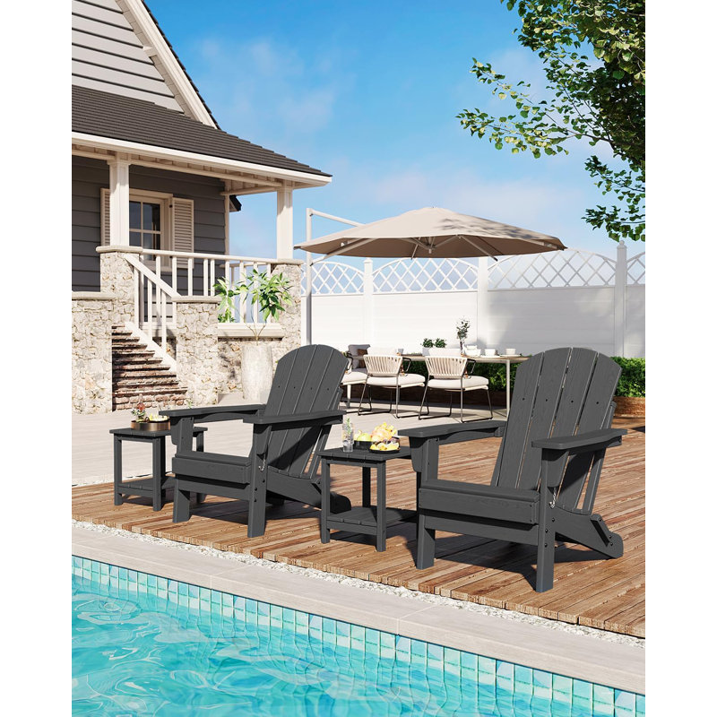 Folding HDPE Adirondack Chair, Weather-Resistant Outdoor Chair with Wood Texture, 380 lbs Capacity for Patio, Deck, Fire Pit, Poolside, Backyard
