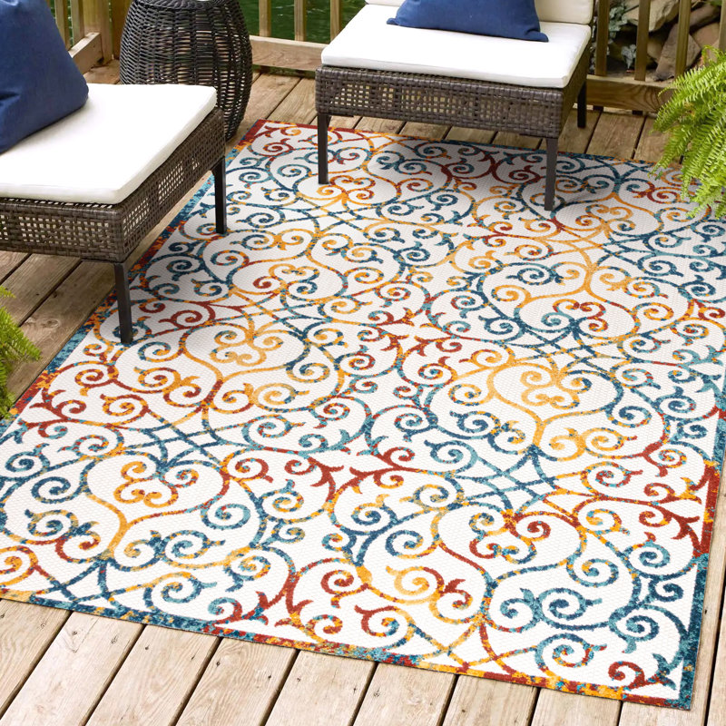 Rhianne Scroll Trellis Cream/Blue/Red Indoor/Outdoor Rug, Rectangle 3' x 5'