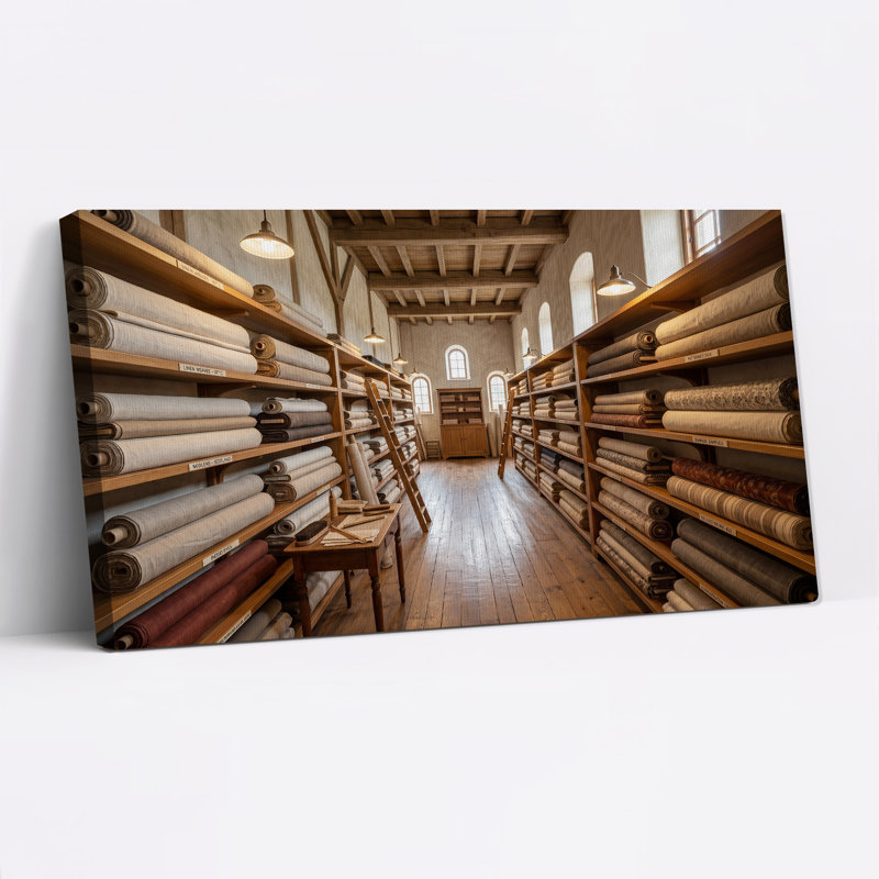 Rouleaux de tissu vintage sur étagères en bois, toile murale, 32“W x 16”H