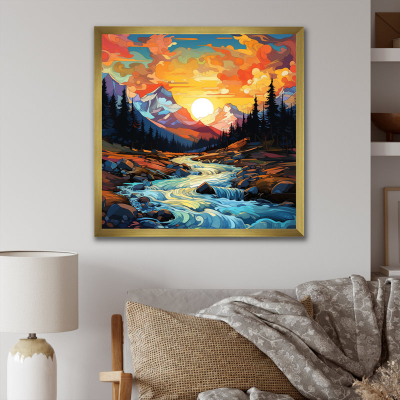 «Sunset Colorful River Mountains Horizon II», art mural fruits, Cadre flottant doré, H 36 po x l 36 po x P 1,5 po