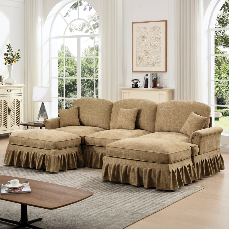 Canapé modulaire en forme de U avec jupes de plis à volants amovibles, coussin décoratif amovible et revêtement en chenille à fil argenté, pieds à 3 broches café, repose-pieds, rembourrage en mousse haute densité