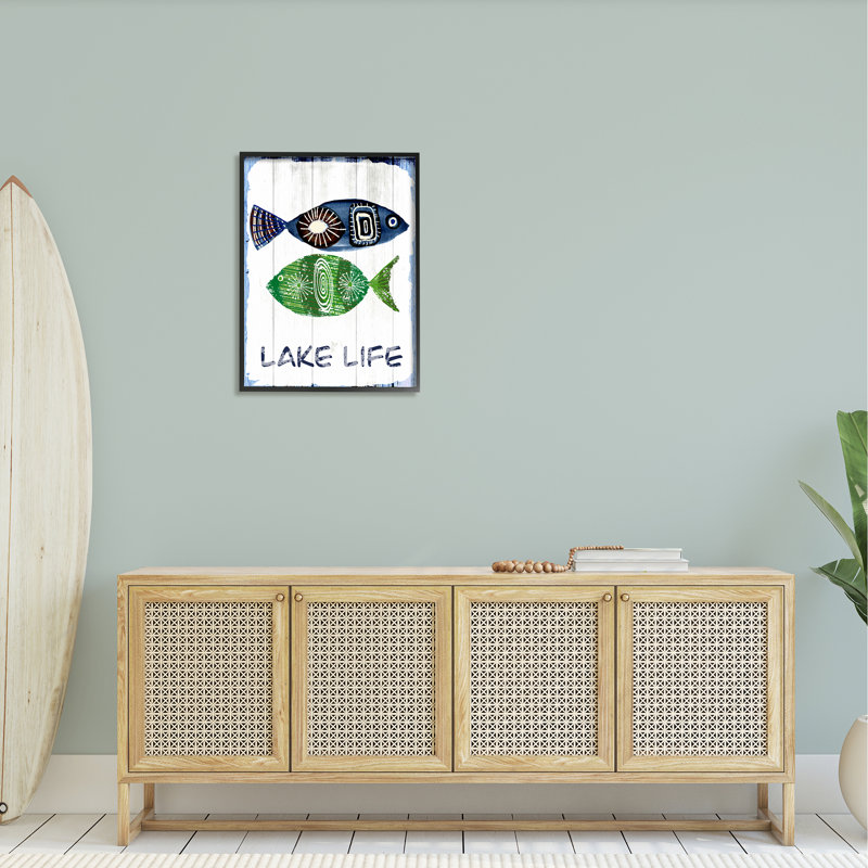 «Lake Life», motif de formes de poisson patiné par Jadei, impression, L 24 po x H 30 po, Giclée encadrée noir minuit