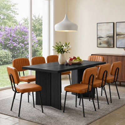 9-Piece Rectangular Dining Table Set, Fixed Wood Grain Dining Table (1.6M / 1.8M) With Upholstered Dining Chairs, Modern Farmhouse Dinette Set For Din