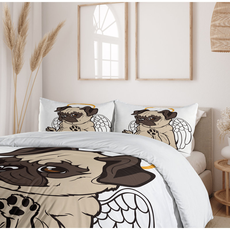 King Beige and Brown Microfiber Pug Duvet Cover Set