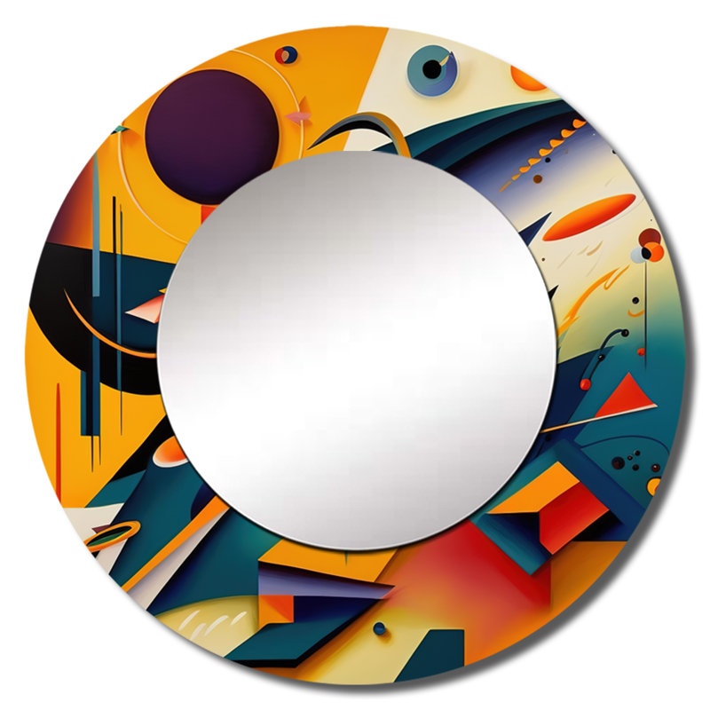 Sophanna multicolore géométrique orange formes II - miroir décoratif géométrique, miroir mural rond moderne, art imprimé en métal