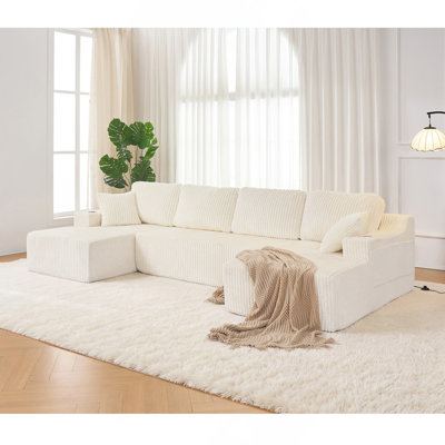 Canapé modulaire en forme de U modulaire, grand canapé en velours côtelé avec ressorts ensachés et mousse haute densité, ensemble de bricolage convertible 4 pièces avec porte-gobelets en métal, poches de rangement et dossier antidérapant - beige