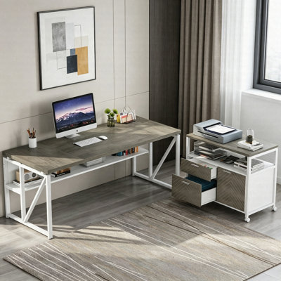63" L-Shaped Executive Desk With Storage Shelves & Mobile File Cabinet, 2-Piece Home Office Desk Set