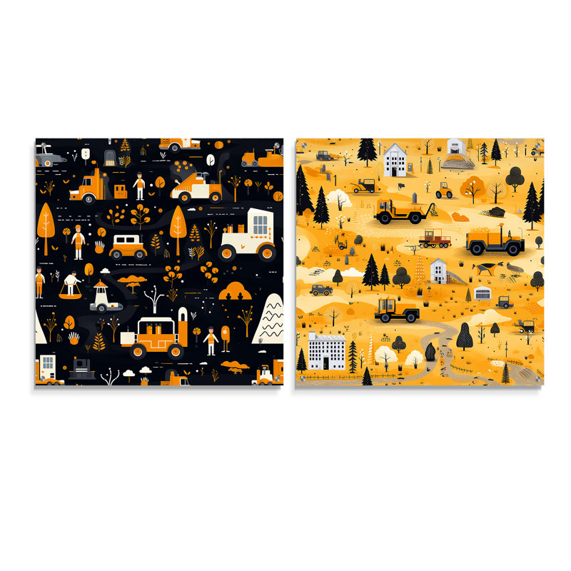 Zone de construction jaune occupée pour chambre à coucher pour garçons - ensemble de 2 art mural en verre acrylique pour enfants