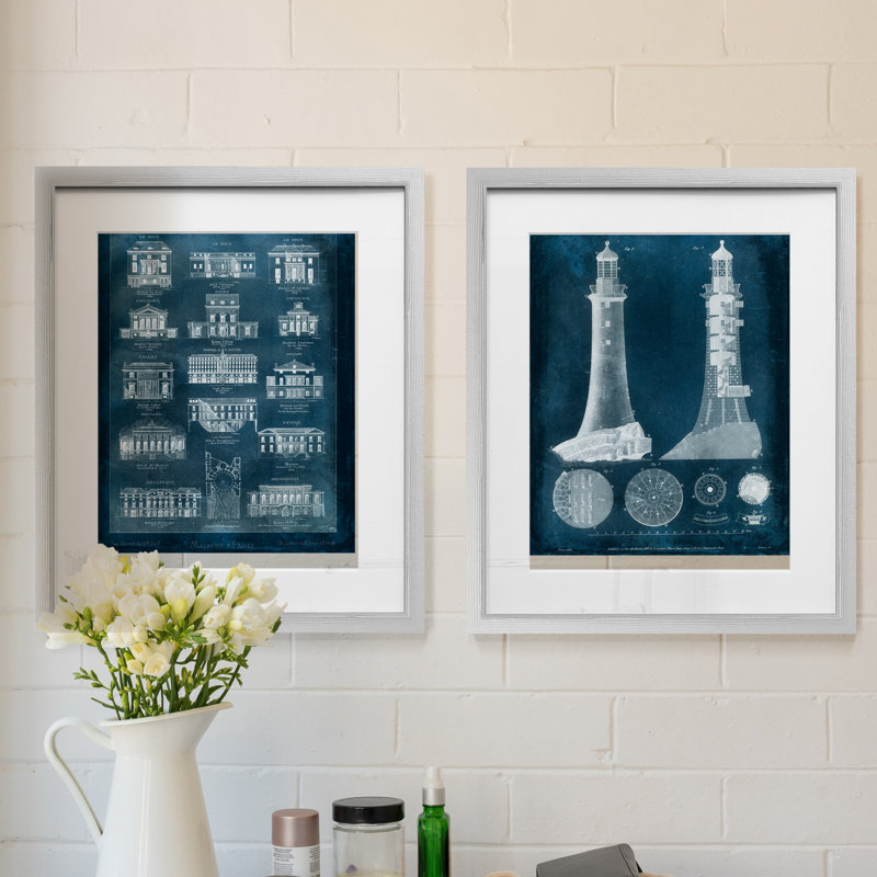 Lighthouse Blueprint-ensemble de 2 reproductions d’art graphique encadrées sur papier