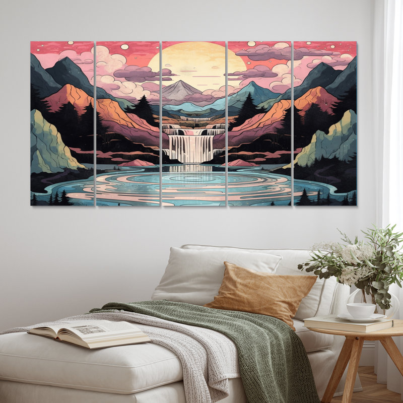 Fiery Mountain Skies II - impression abstraite de paysage mural - 5 panneaux égaux